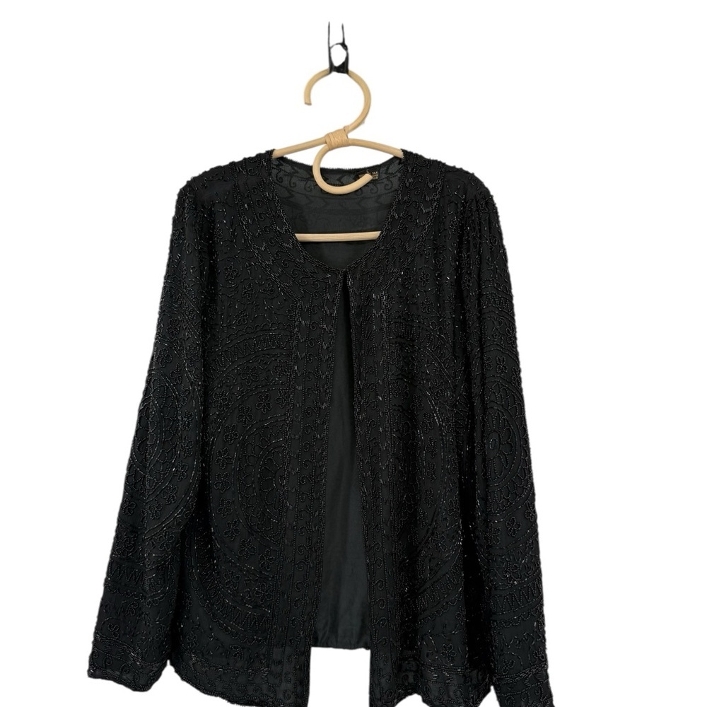 Vintage Black Beaded Silk Jacket Evening Top 100% Pure Silk Size L Y2K 80s 90s - Picture 4 of 16